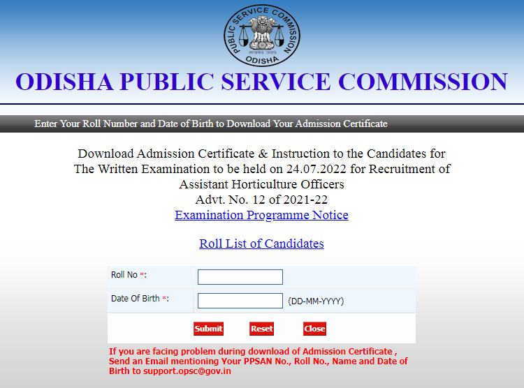 OPSC Assistant Horticulture Officer Admit Card
